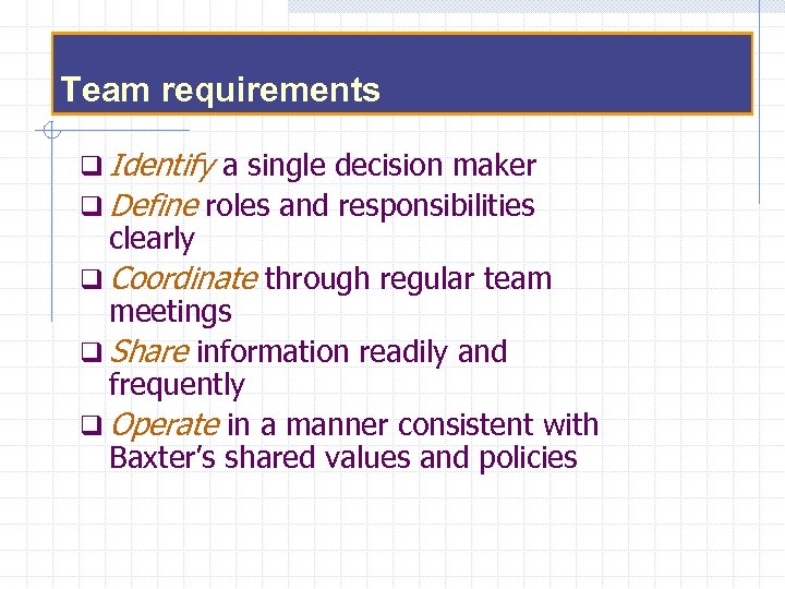 Team requirements q Identify a single decision maker q Define roles and responsibilities clearly