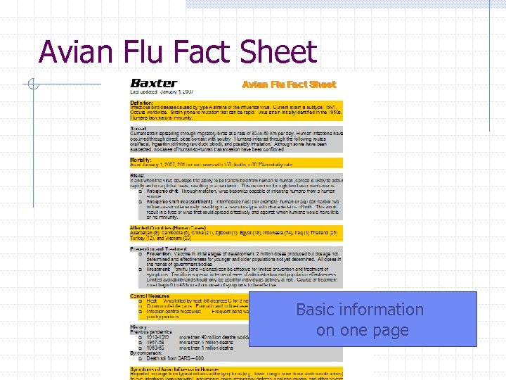 Avian Flu Fact Sheet Basic information on one page 