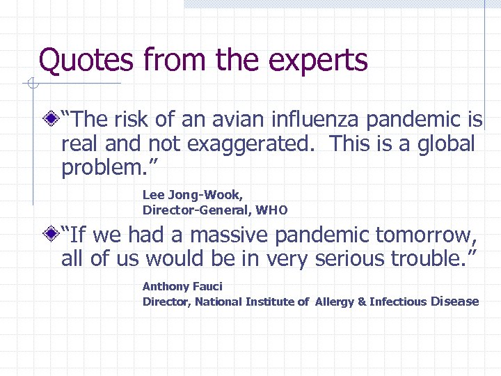 Quotes from the experts “The risk of an avian influenza pandemic is real and