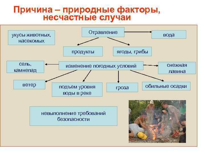 Причина – природные факторы, несчастные случаи. укусы животных, насекомых Отравление продукты сель, камнепад ветер