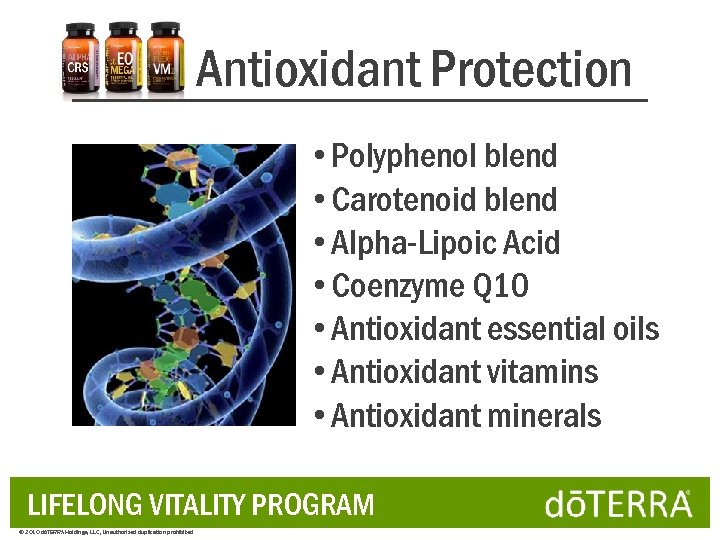 Antioxidant Protection • Polyphenol blend • Carotenoid blend • Alpha-Lipoic Acid • Coenzyme Q