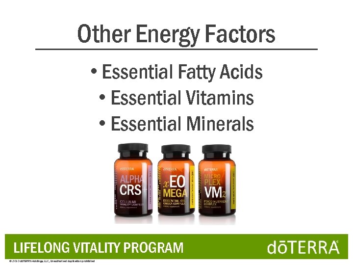 Other Energy Factors • Essential Fatty Acids • Essential Vitamins • Essential Minerals LIFELONG