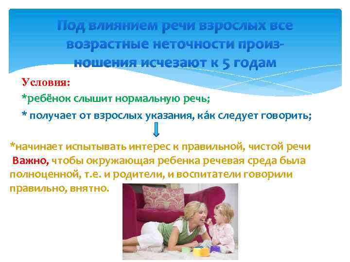 Под влиянием речи взрослых все возрастные неточности произношения исчезают к 5 годам Условия: *ребёнок