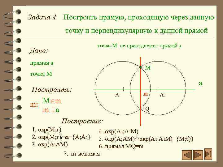 Задача 4 Построить прямую, проходящую через данную точку и перпендикулярную к данной прямой точка