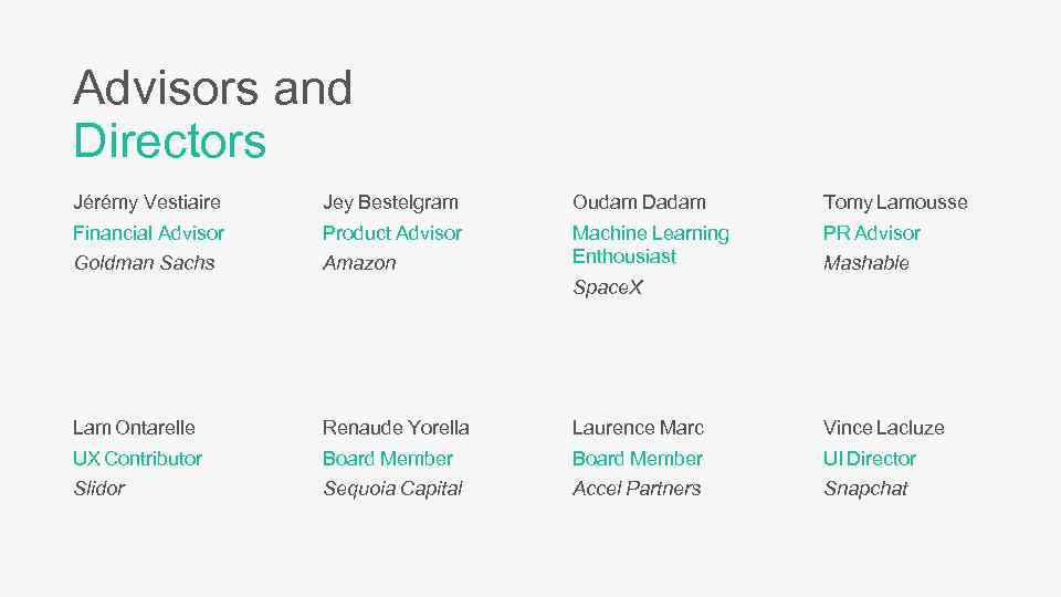 Advisors and Directors Jérémy Vestiaire Jey Bestelgram Oudam Dadam Tomy Lamousse Financial Advisor Product