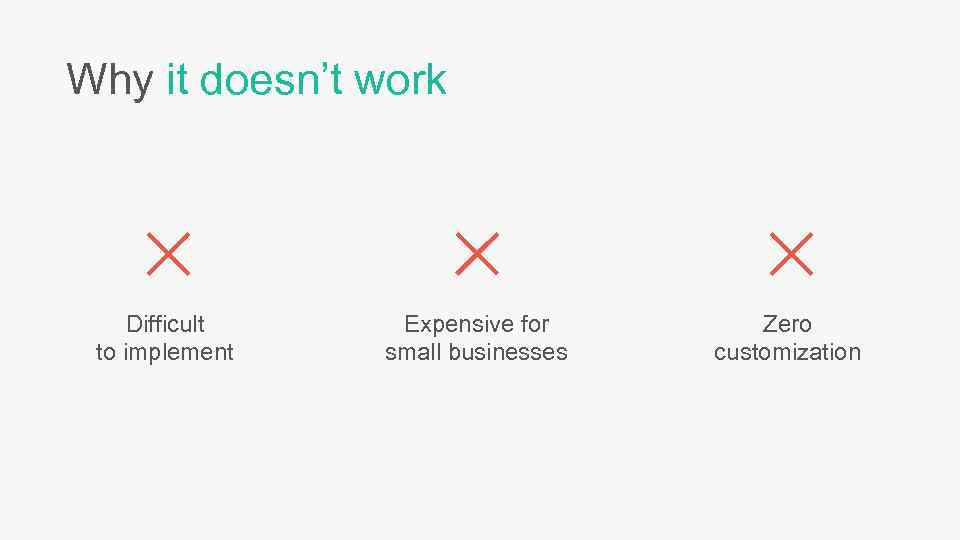 Why it doesn’t work Difficult to implement Expensive for small businesses Zero customization 