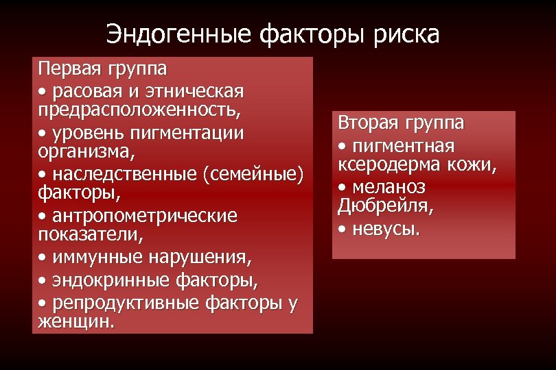 Эндогенные факторы риска Первая группа • расовая и этническая предрасположенность, • уровень пигментации организма,