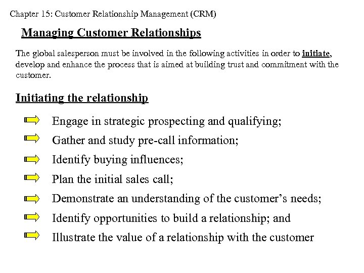 Chapter 15: Customer Relationship Management (CRM) Managing Customer Relationships The global salesperson must be