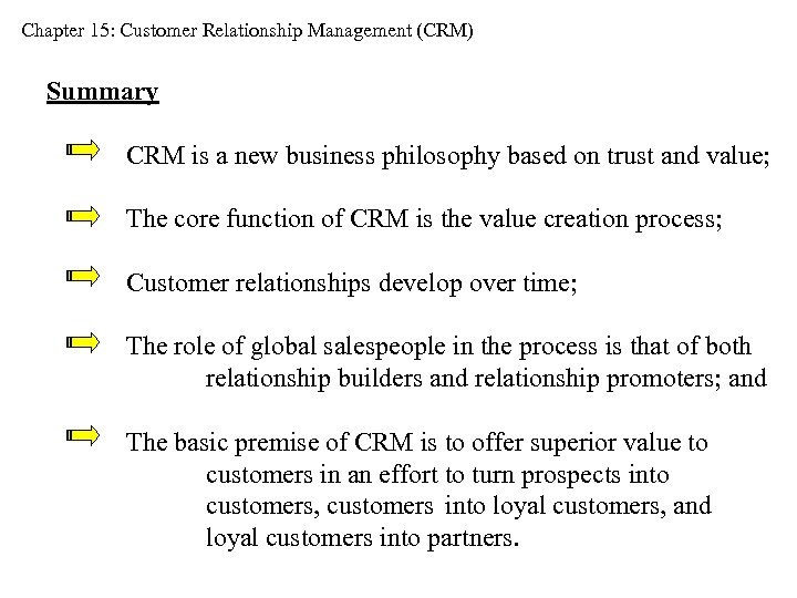 Chapter 15: Customer Relationship Management (CRM) Summary CRM is a new business philosophy based