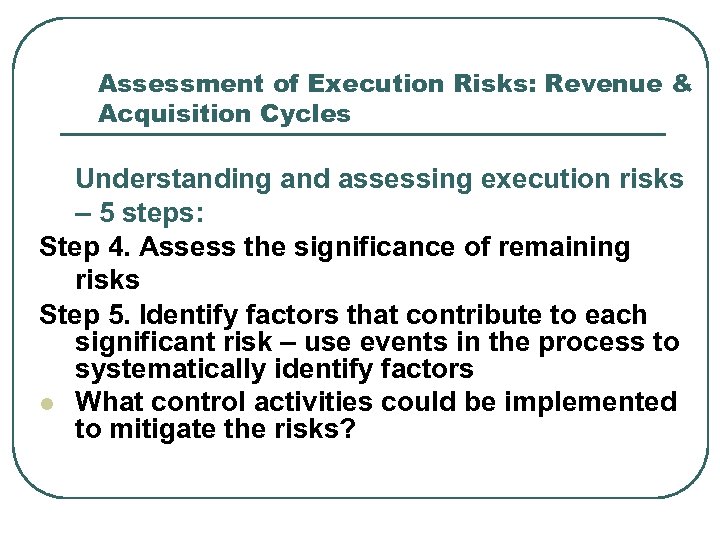 Assessment of Execution Risks: Revenue & Acquisition Cycles Understanding and assessing execution risks –
