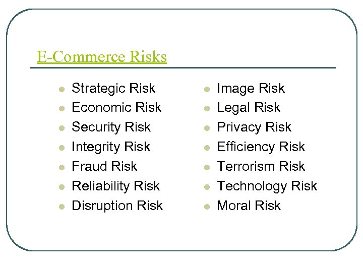 E-Commerce Risks l l l l Strategic Risk Economic Risk Security Risk Integrity Risk
