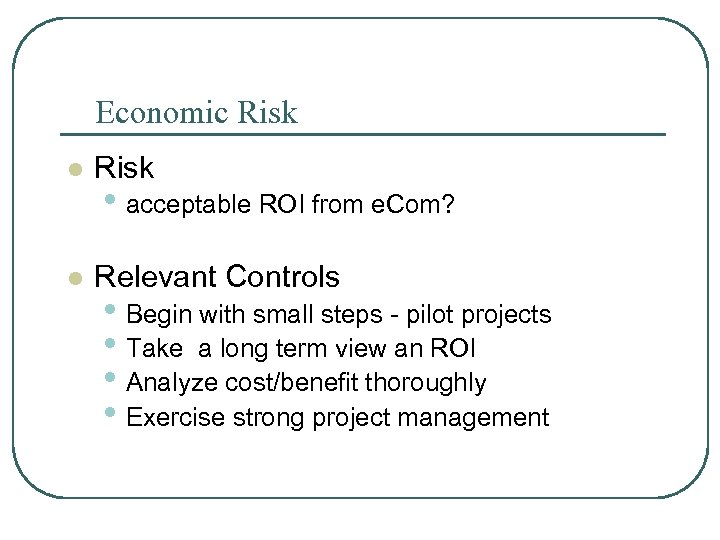 Economic Risk l Relevant Controls • acceptable ROI from e. Com? • Begin with