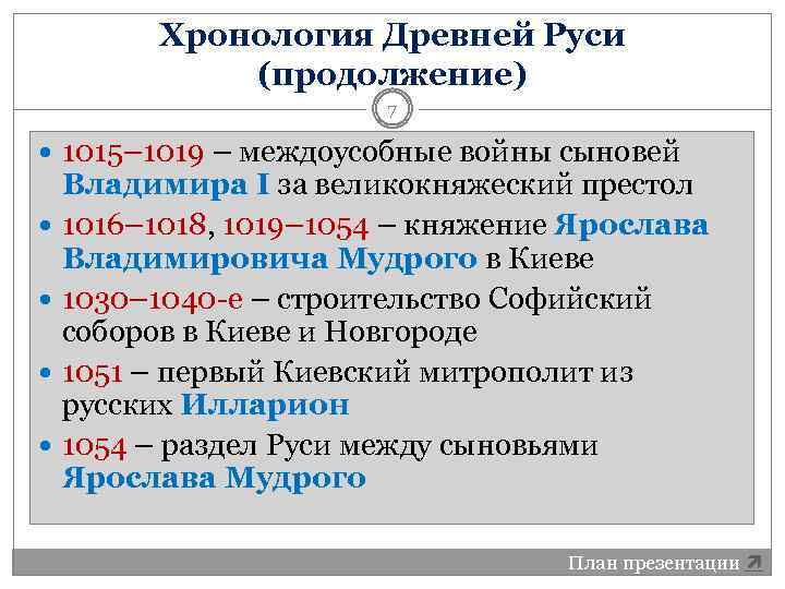 Хронология Древней Руси (продолжение) 7 1015– 1019 – междоусобные войны сыновей Владимира I за