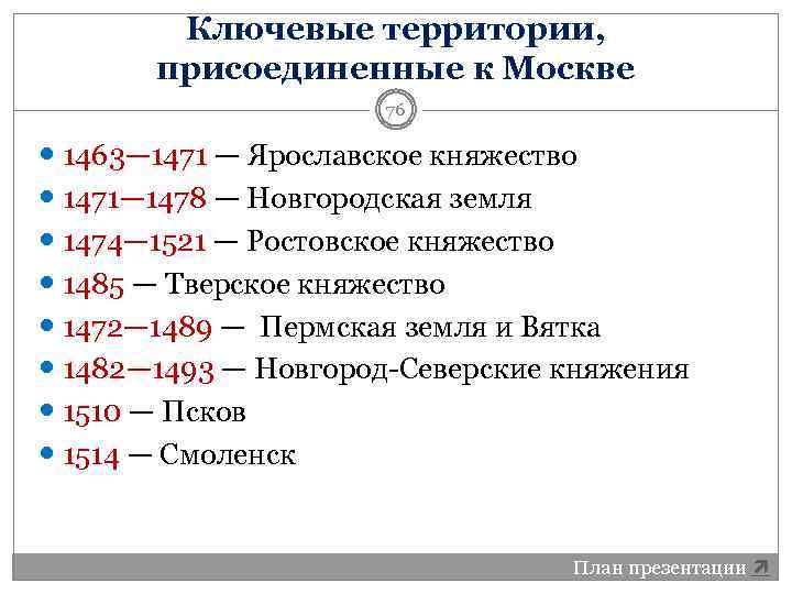 Ключевые территории, присоединенные к Москве 76 1463— 1471 — Ярославское княжество 1471— 1478 —