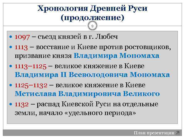 Хронология Древней Руси (продолжение) 9 1097 – съезд князей в г. Любеч 1113 –