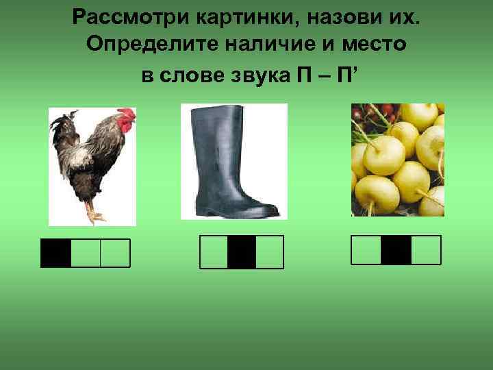 Рассмотри картинки, назови их. Определите наличие и место в слове звука П – П’