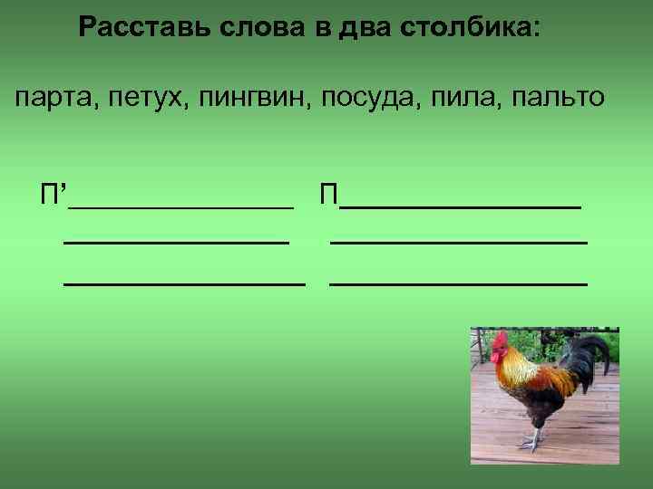 Расставь слова в два столбика: парта, петух, пингвин, посуда, пила, пальто П’_______ П________________________ 