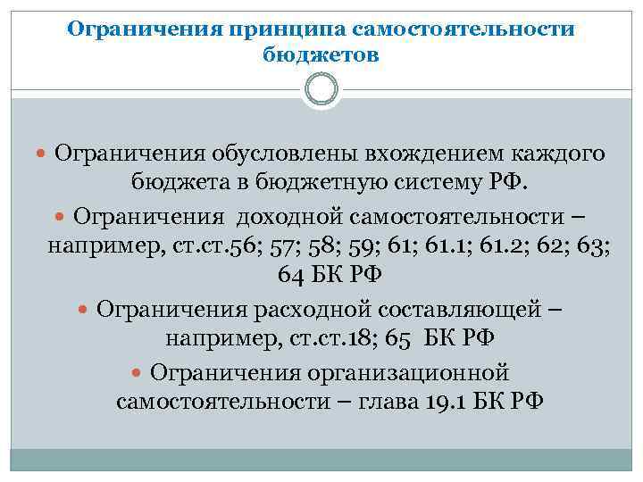 Ограничения принципа самостоятельности бюджетов Ограничения обусловлены вхождением каждого бюджета в бюджетную систему РФ. Ограничения