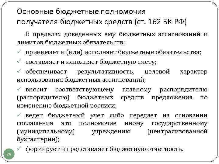 Основные бюджетные полномочия получателя бюджетных средств (ст. 162 БК РФ) 28 В пределах доведенных