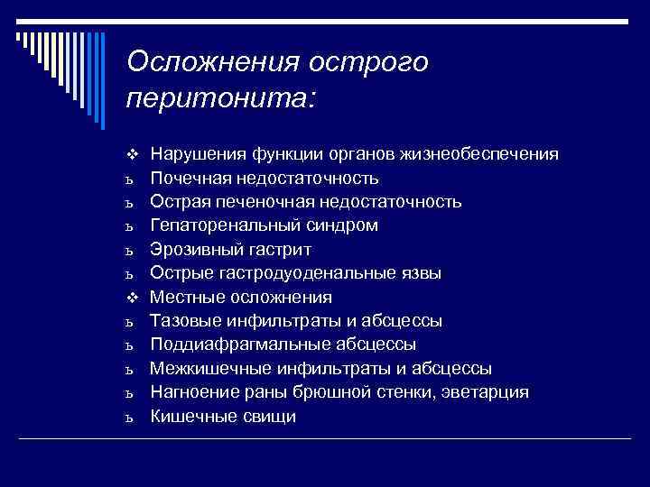 Осложнения острого перитонита: v Нарушения функции органов жизнеобеспечения ь ь ь v ь ь