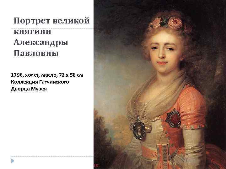 Портрет великой княгини Александры Павловны 1796, холст, масло, 72 x 58 см Коллекция Гатчинского