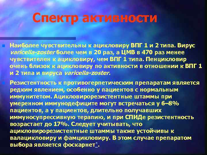 Спектр активности n Наиболее чувствительны к ацикловиру ВПГ 1 и 2 типа. Вирус varicella-zoster