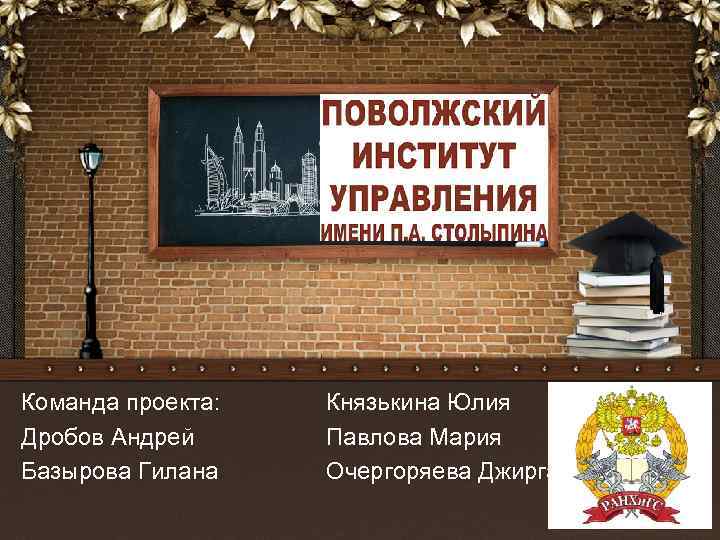 Команда проекта: Дробов Андрей Базырова Гилана Князькина Юлия Павлова Мария Очергоряева Джиргал 