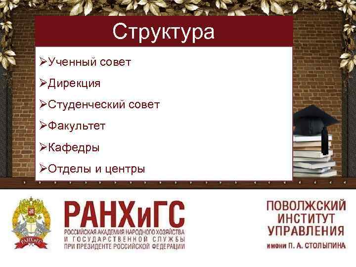 Структура ØУченный совет ØДирекция ØСтуденческий совет ØФакультет ØКафедры ØОтделы и центры 