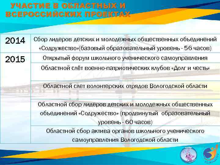 УЧАСТИЕ В ОБЛАСТНЫХ И ВСЕРОССИЙСКИХ ПРОЕКТАХ 2014 Сбор лидеров детских и молодежных общественных объединений