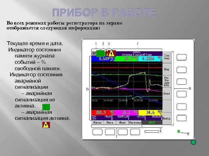 ПРИБОР В РАБОТЕ Во всех режимах работы регистратора на экране отображается следующая информация: Текущее