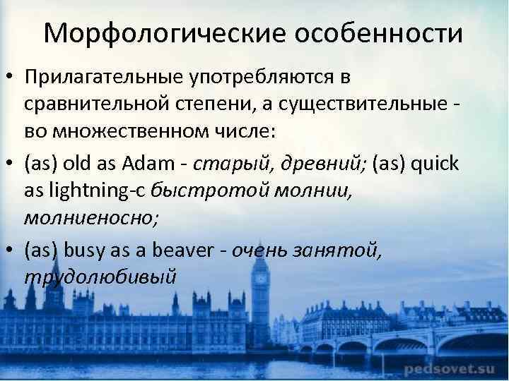 Морфологические особенности • Прилагательные употребляются в сравнительной степени, а существительные во множественном числе: •