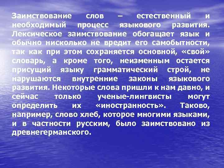 Заимствование слов – естественный и необходимый процесс языкового развития. Лексическое заимствование обогащает язык и