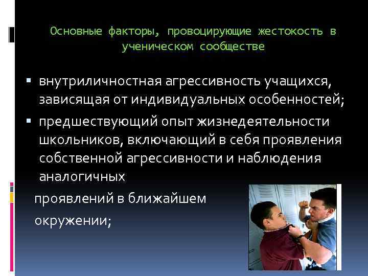 Основные факторы, провоцирующие жестокость в ученическом сообществе внутриличностная агрессивность учащихся, зависящая от индивидуальных особенностей;