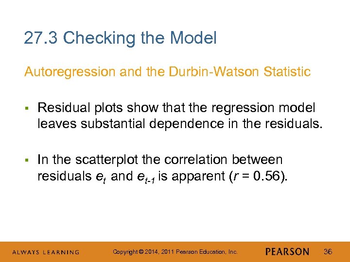 27. 3 Checking the Model Autoregression and the Durbin-Watson Statistic § Residual plots show