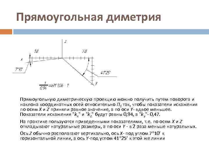 Прямоугольная диметрия Прямоугольную диметрическую проекцию можно получить путем поворота и наклона координатных осей относительно