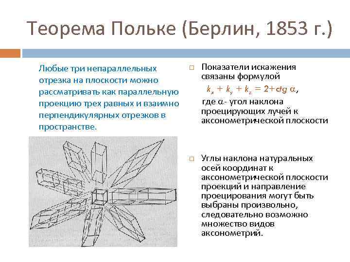 Теорема Польке (Берлин, 1853 г. ) Любые три непараллельных отрезка на плоскости можно рассматривать