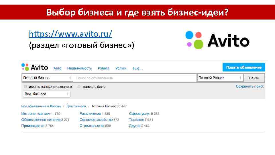 Выбор бизнеса и где взять бизнес-идеи? https: //www. avito. ru/ (раздел «готовый бизнес» )