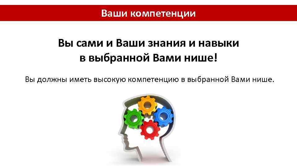 Ваши компетенции Вы сами и Ваши знания и навыки в выбранной Вами нише! Вы