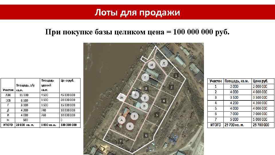 Лоты для продажи При покупке базы целиком цена = 100 000 руб. 