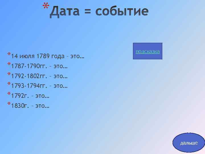 * *14 июля 1789 года – это… *1787 -1790 гг. – это… *1792 -1802