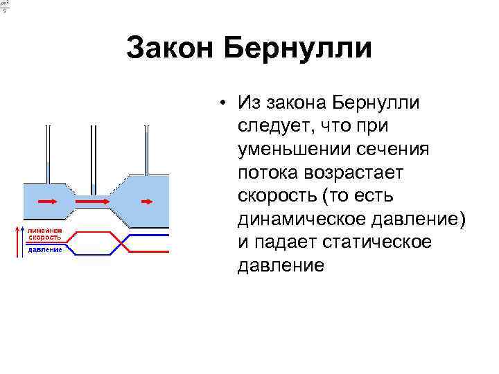 Закон Бернулли • Из закона Бернулли следует, что при уменьшении сечения потока возрастает скорость