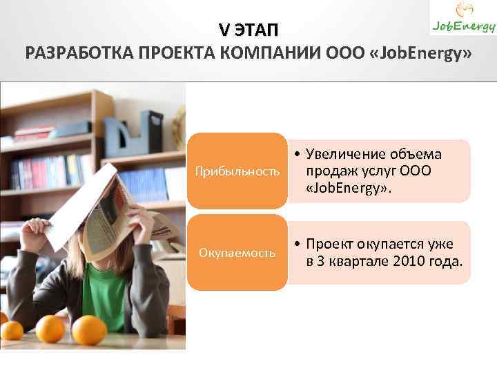 V ЭТАП РАЗРАБОТКА ПРОЕКТА КОМПАНИИ ООО «Job. Energy» • Увеличение объема Прибыльность продаж услуг