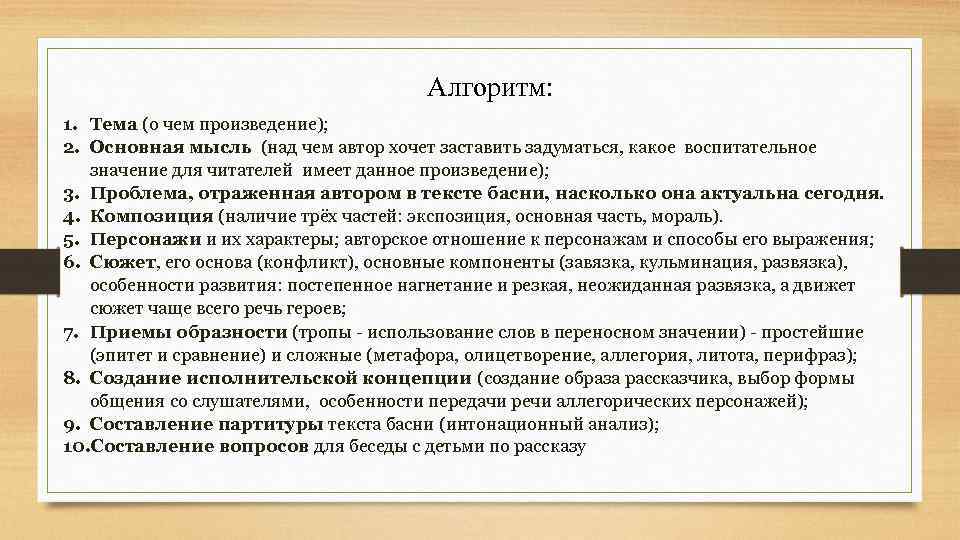 Алгоритм: 1. Тема (о чем произведение); 2. Основная мысль (над чем автор хочет заставить