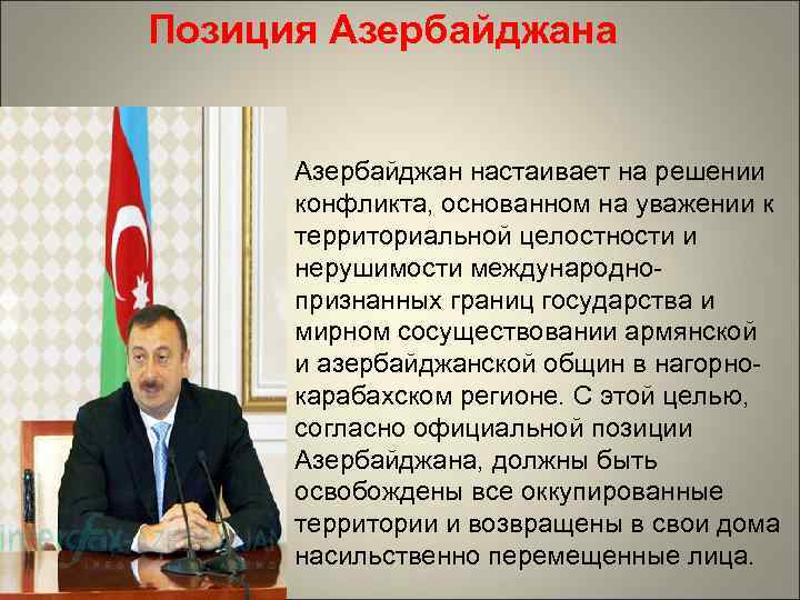 Позиция Азербайджана Азербайджан настаивает на решении конфликта, основанном на уважении к территориальной целостности и