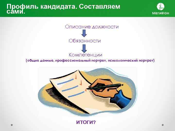 Профиль кандидата. Составляем сами. Описание должности Обязанности Компетенции (общие данные, профессиональный портрет, психологический портрет)