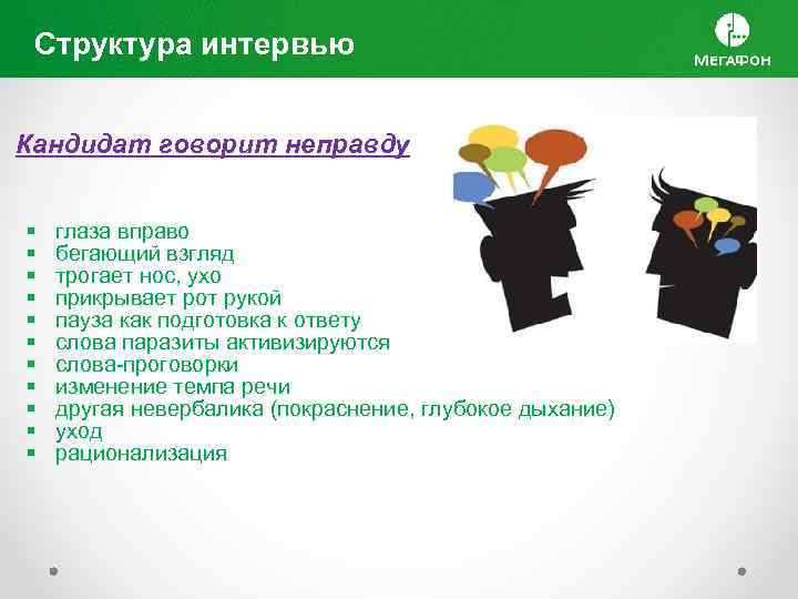 Структура интервью Кандидат говорит неправду § § § глаза вправо бегающий взгляд трогает нос,