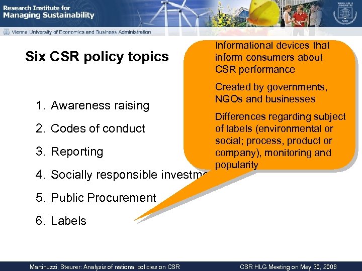 Six CSR policy topics 1. Awareness raising 2. Codes of conduct 3. Reporting Informational