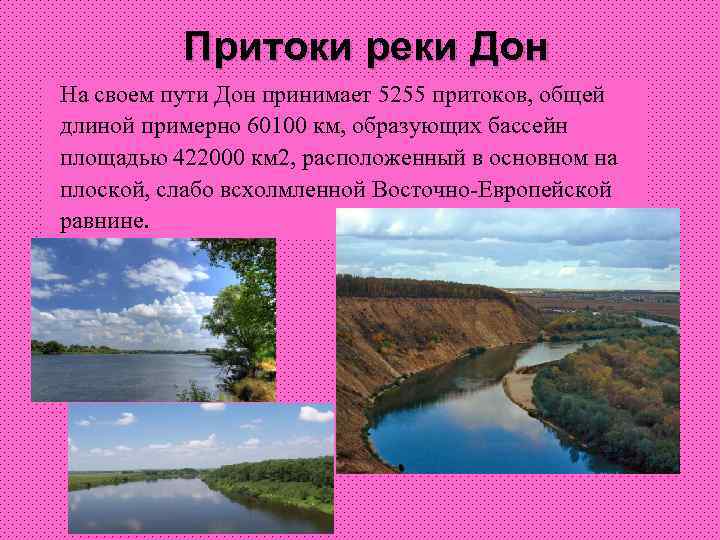 Притоки реки Дон На своем пути Дон принимает 5255 притоков, общей длиной примерно 60100