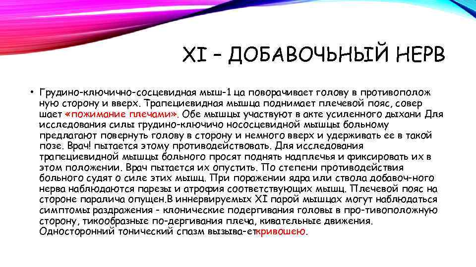 XI – ДОБАВОЧЬНЫЙ НЕРВ • Грудино-ключично-сосцевидная мыш-1 ца поворачивает голову в противополож ную сторону