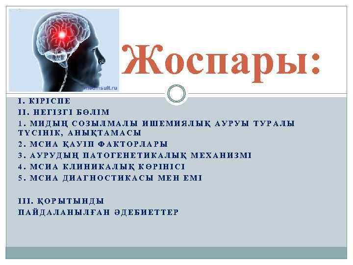 Жоспары: I. КІРІСПЕ II. НЕГІЗГІ БӨЛІМ 1. МИДЫҢ СОЗЫЛМАЛЫ ИШЕМИЯЛЫҚ АУРУЫ ТУРАЛЫ ТҮСІНІК, АНЫҚТАМАСЫ